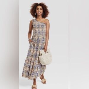 Knox Rose One-Shoulder Dress with Blue and Cream Pattern